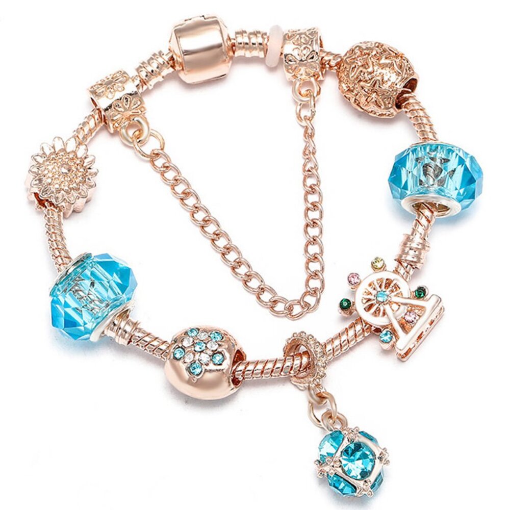 Rose gold Ferris wheel bracelet, female crystal beaded glass with large holes